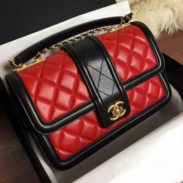 Ch**el quilted lambskin gold-tone metal flap bag red and black