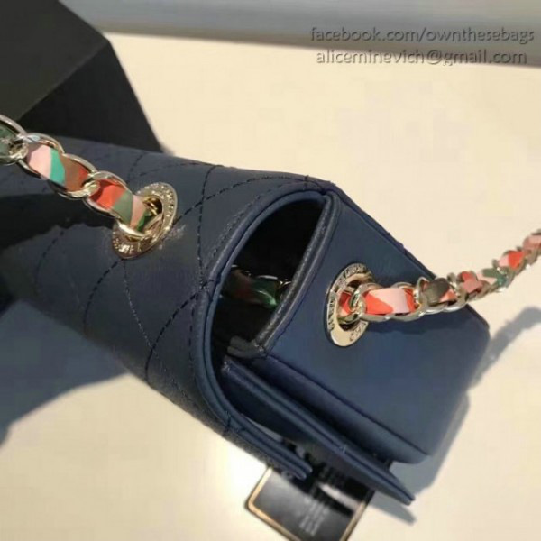 Ch**el grained calfskin flap bag with top handle blue