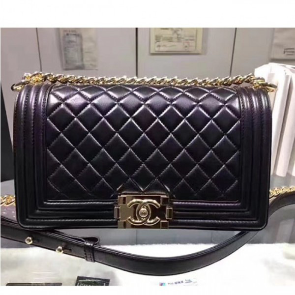 Ch**el quilted lambskin medium boy bag gold hardware black