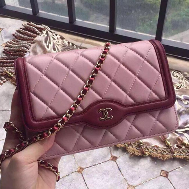 Ch**el lambskin mini chain wallet pink a81024 vs09425