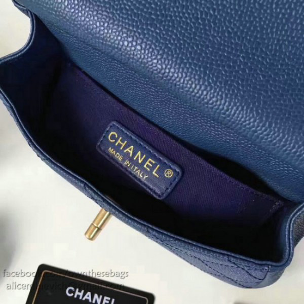 Ch**el grained calfskin mini top handle flap bag blue