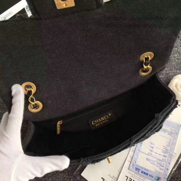 Ch**el black canvas patchwork chevron medium flap bag