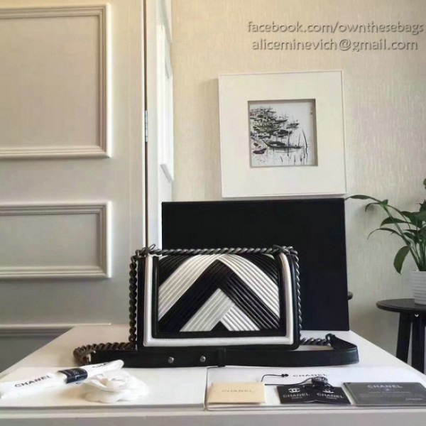 Ch**el medium chevron lambskin quilted boy bag white and black