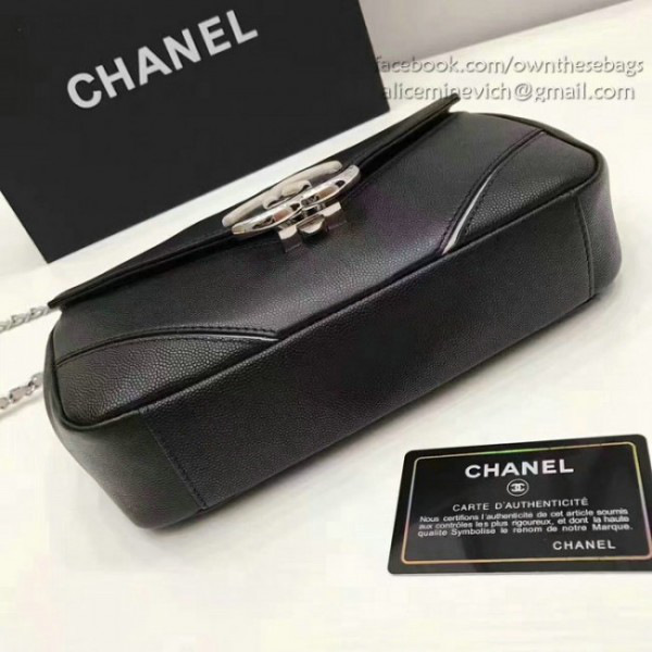 Ch**el calfskin chevron flap bag black