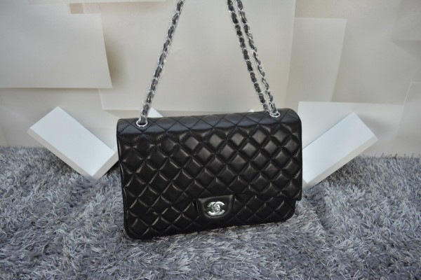 Ch**el lambskin leather flap bag with gold/silver chain black 33cm