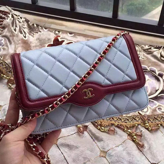 Ch**el lambskin mini chain wallet blue a81024 vs00744