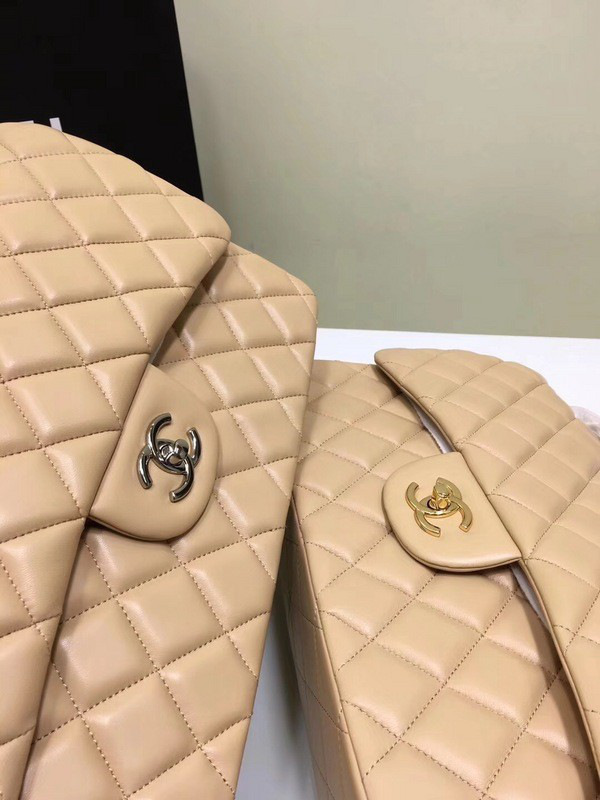 Ch**el classic flap bag beige lambskin leather sliver&gold chain 30cm