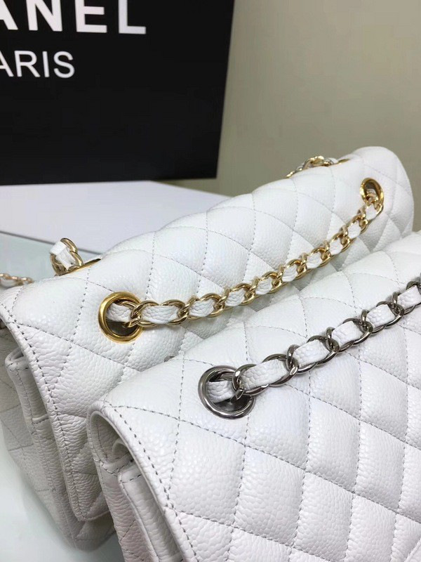 Ch**el classic flap bag white caviar leather sliver&gold chain 25cm