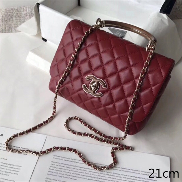 Ch**el flap bag with top handle wine red 21cm