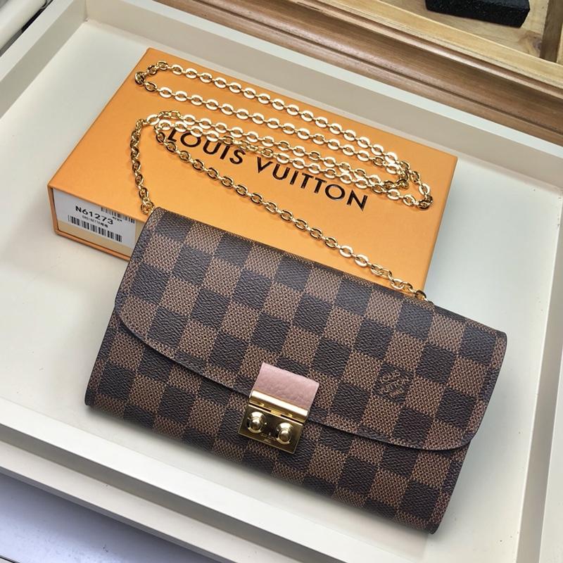 Lv croisette wallet damier canvas wallet detachable metal chain ponk_19.0 x 10.5 x 2.5 cm
