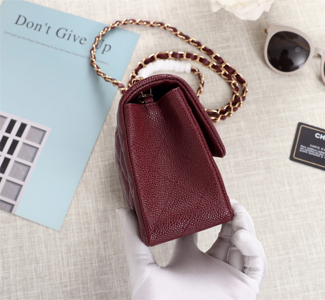 Ch**el flap bag caviar lambskin leather red gold chain 20cm
