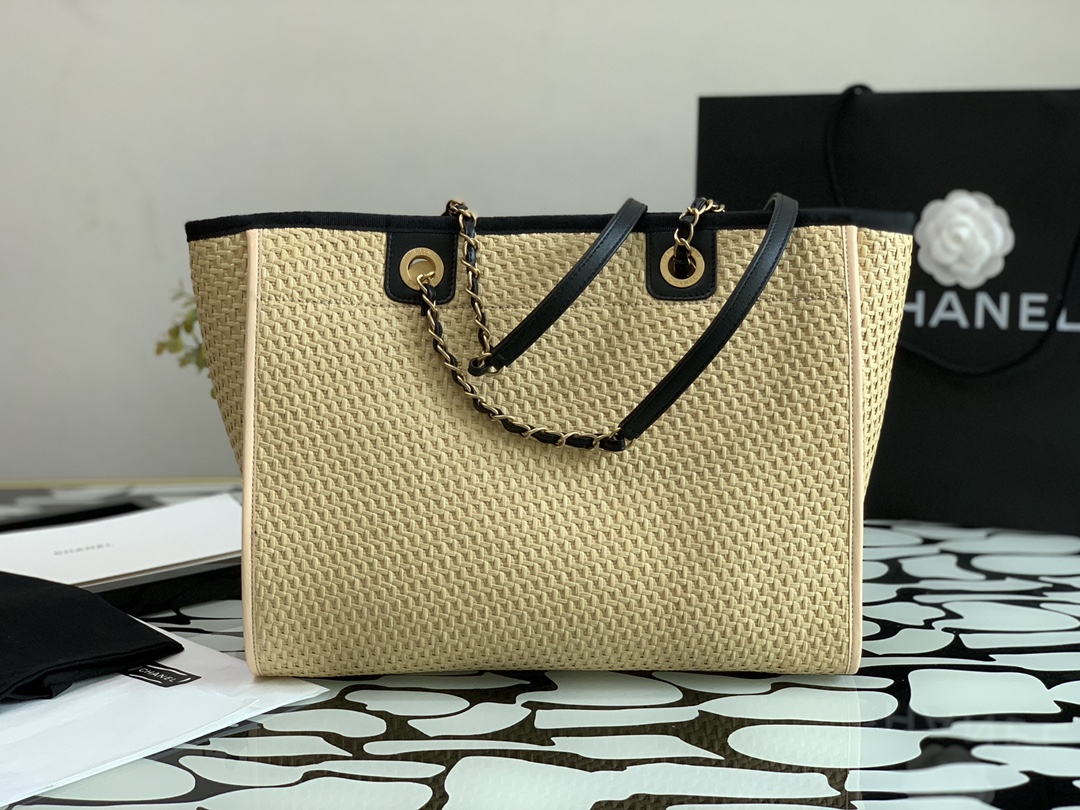 Ch**el large tote straw, calfskin & gold metal beige & black a66941
