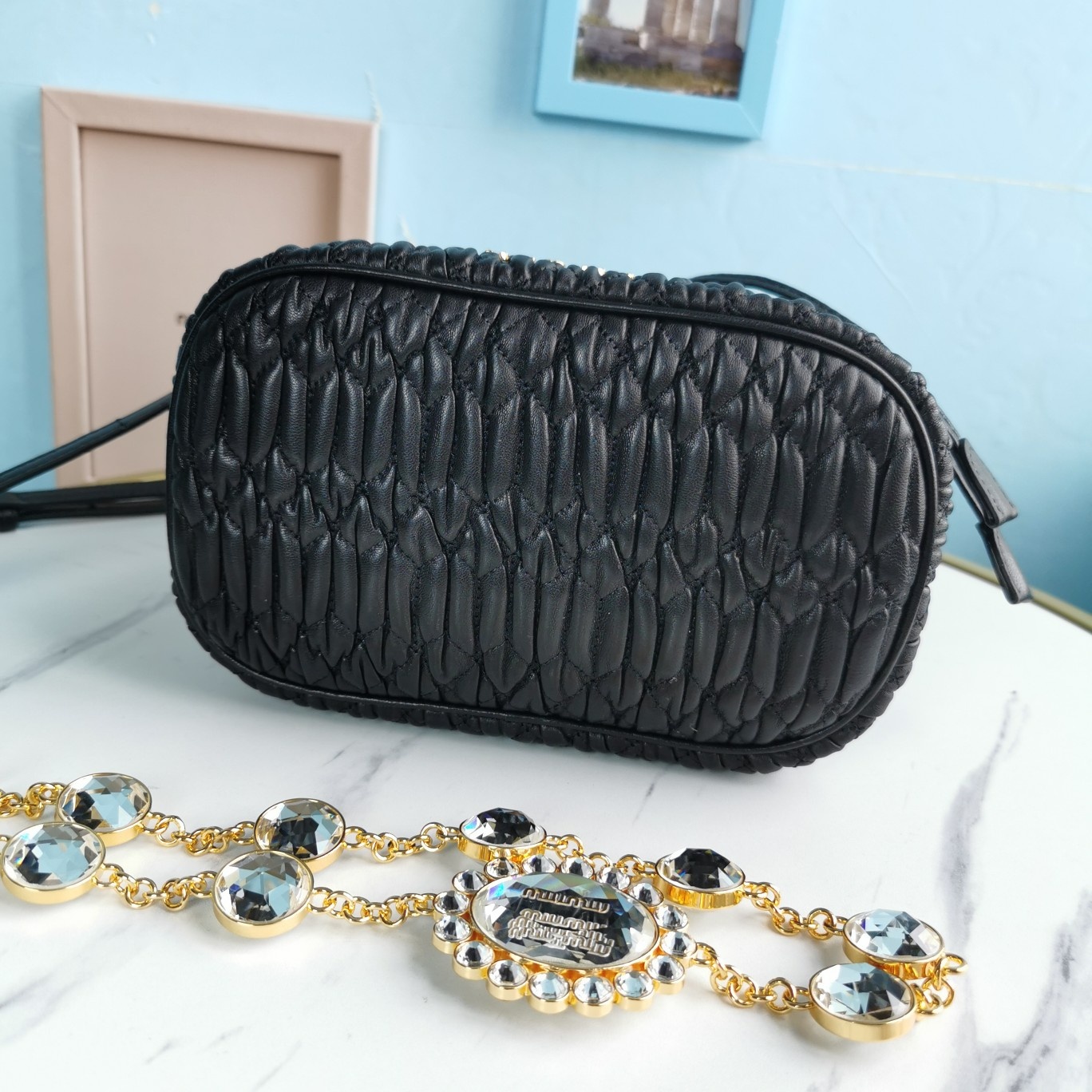 M1um1u crystal cloquÉ nappa leather bucket bag black 5be050 20 x 12 x 21 cm