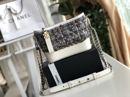 Ch**el's gabrielle small hobo bag tweed calfskin  blue a91810 20 x 15 x 8 cm