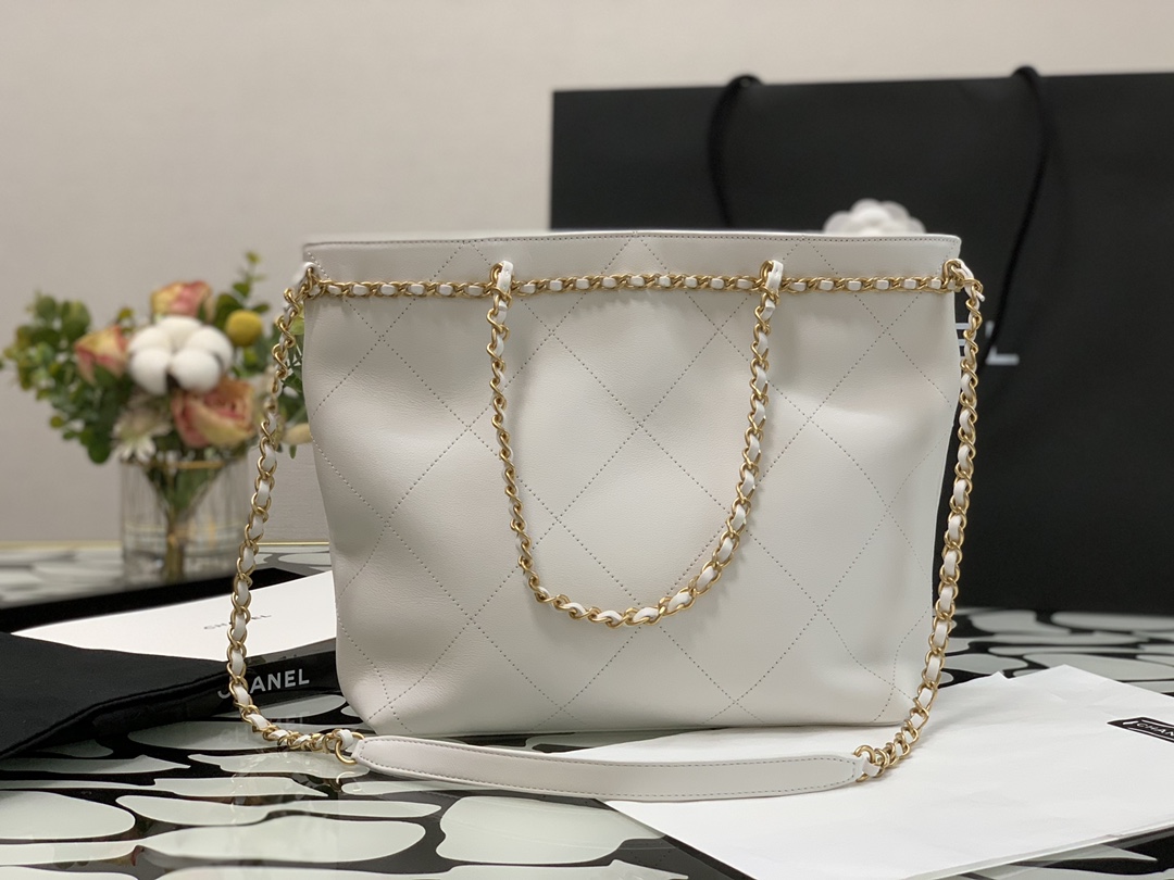 Ch**el small shopping bag calfskin & gold-tone metal white as2374 24 x 31 x 7 cm