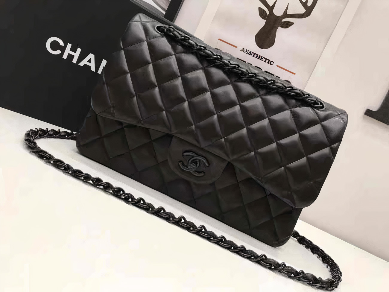 Ch**el cf caviar lambskin leather black 25cm