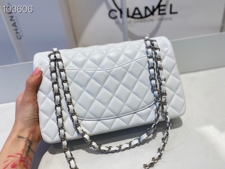Ch**el flap bag white & silver chain a01112 25cm