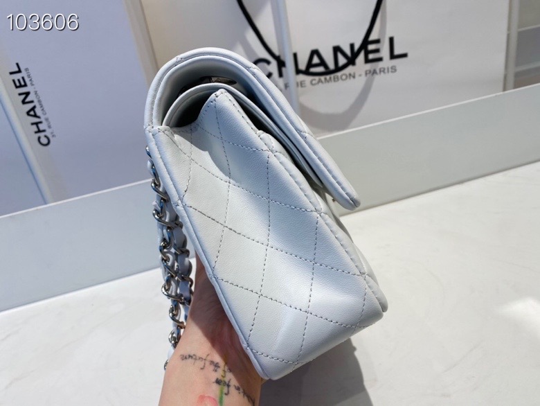 Ch**el flap bag white & silver chain a01112 25cm