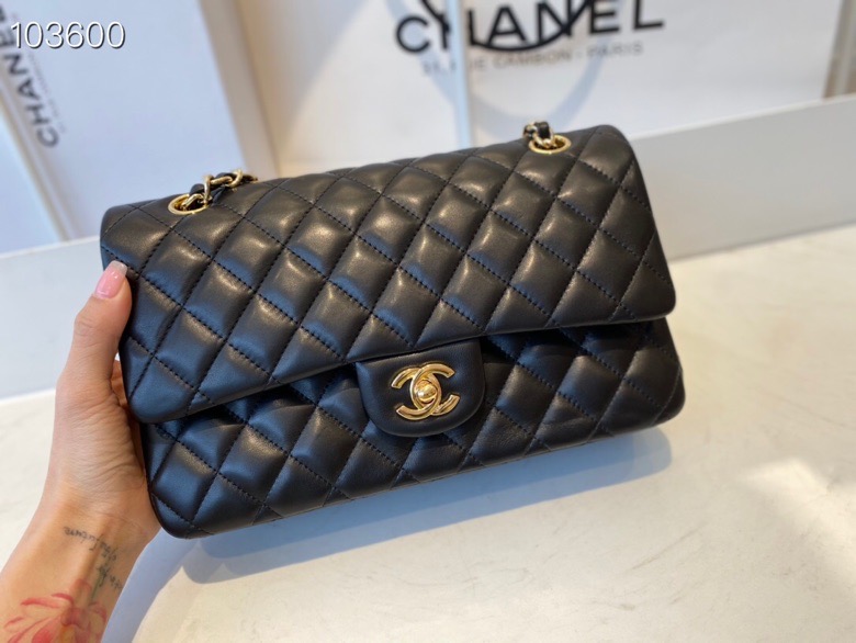 Ch**el flap bag black & golden chain a01112 25cm