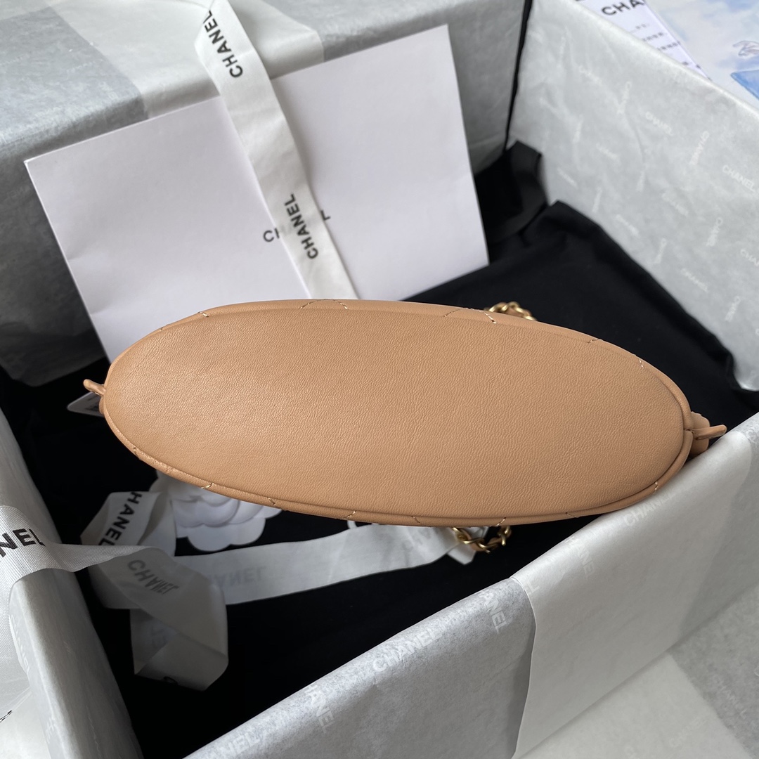 Ch**el small hobo bag calfskin & gold-tone metal beige as2542 19 x 23 x 7 cm