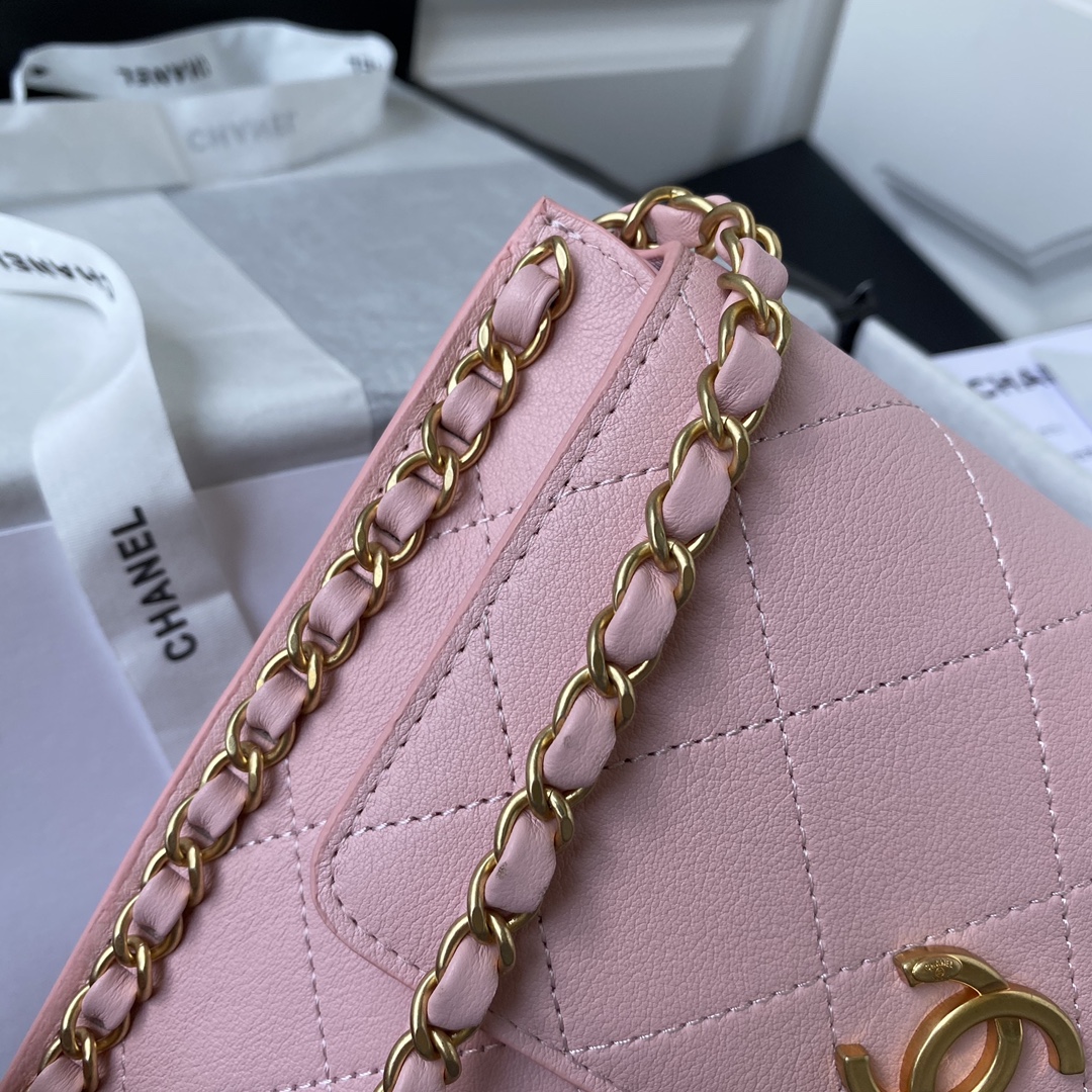 Ch**el small hobo bag calfskin & gold-tone metal pink as2542 19 x 23 x 7 cm