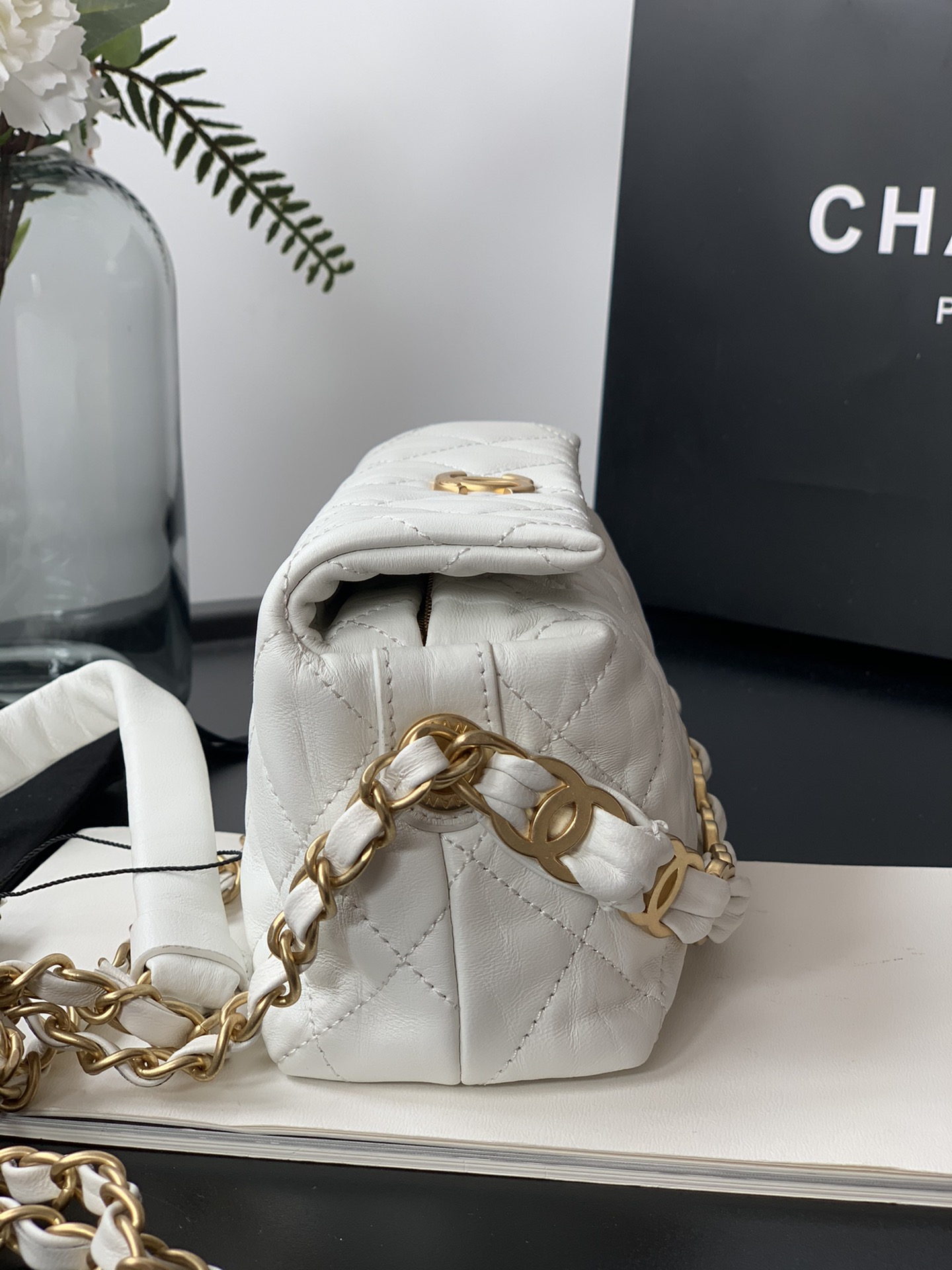 Ch**el small hobo bag crumpled lambskin & gold-tone metal white as2479 13 x 19 x 7 cm