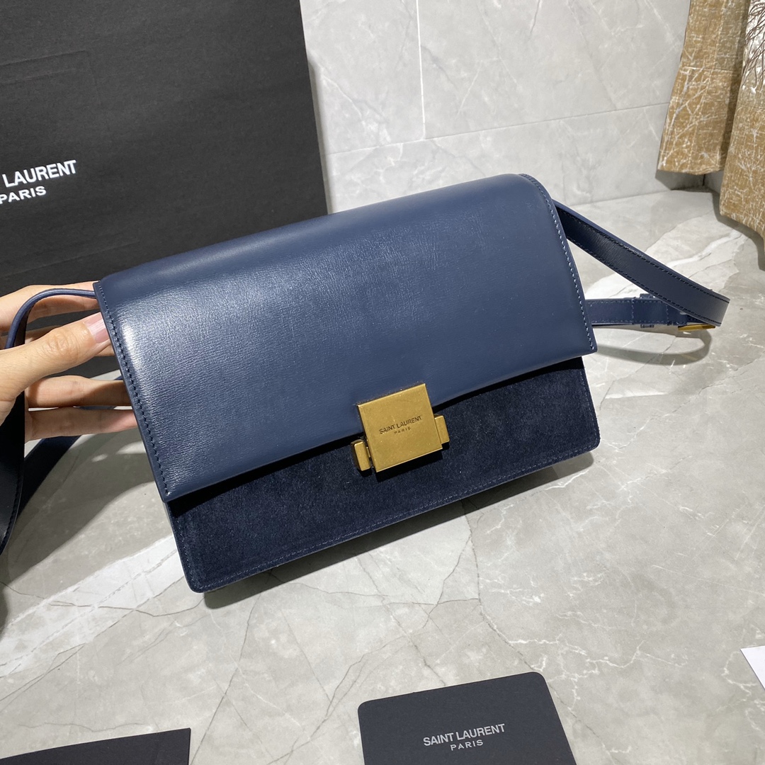 Y51 medium bellechasse in leather and suede blue and golden 482044 24 x 16 x 7 cm