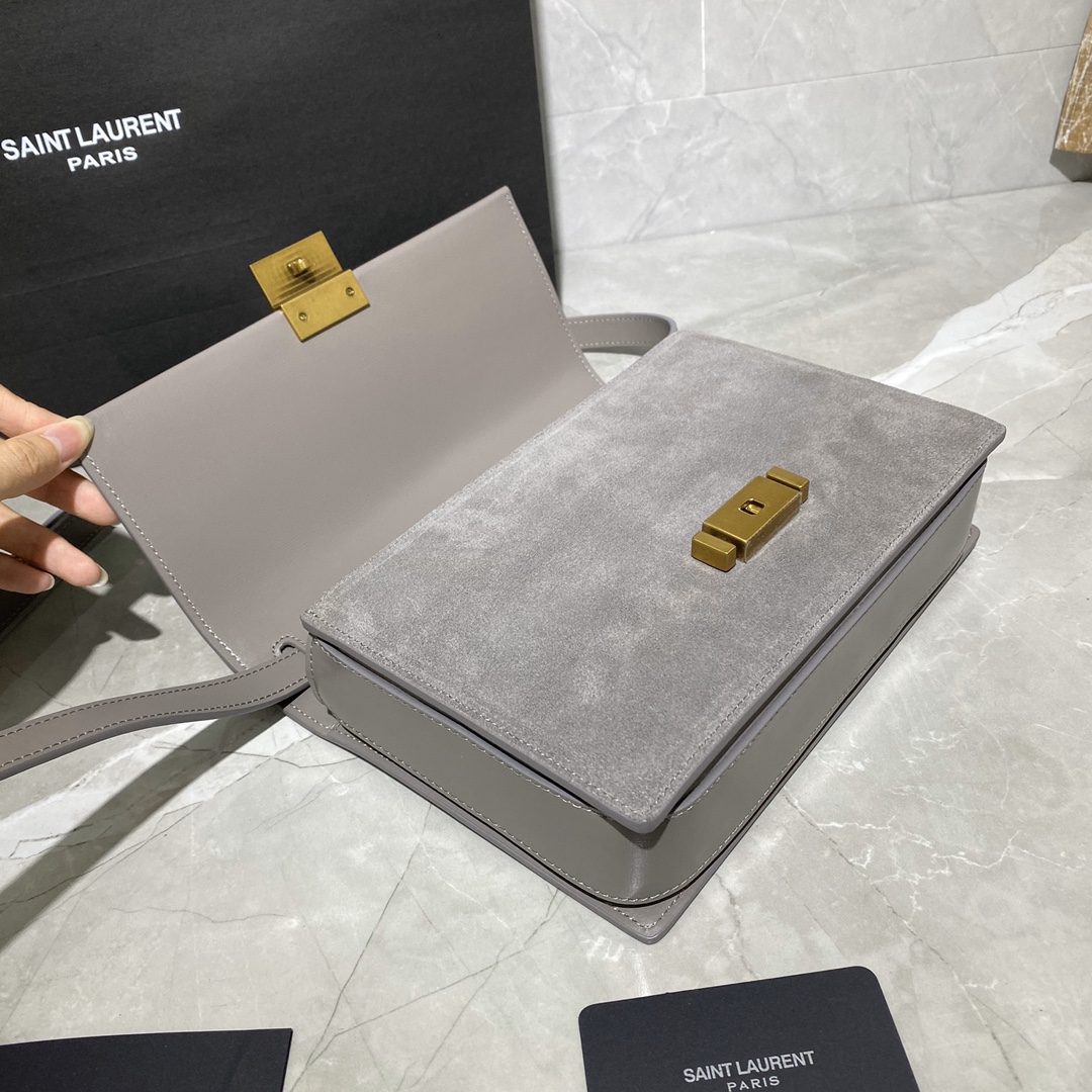 Y51 medium bellechasse in leather and suede grey and golden 482044 24 x 16 x 7 cm