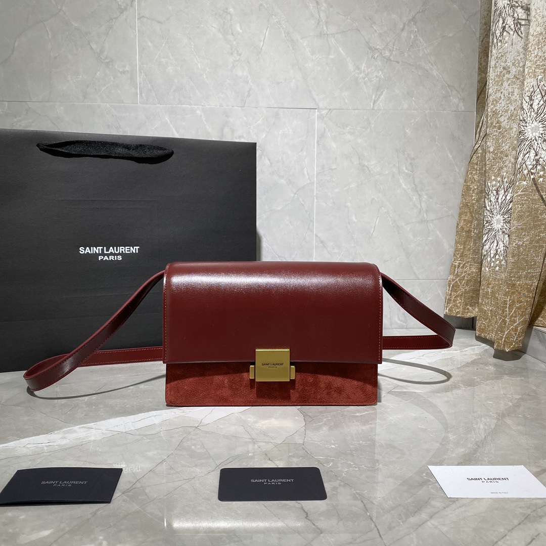 Y51 medium bellechasse in leather adn suede burgundy and golden 482044 24 x 16 x 7 cm