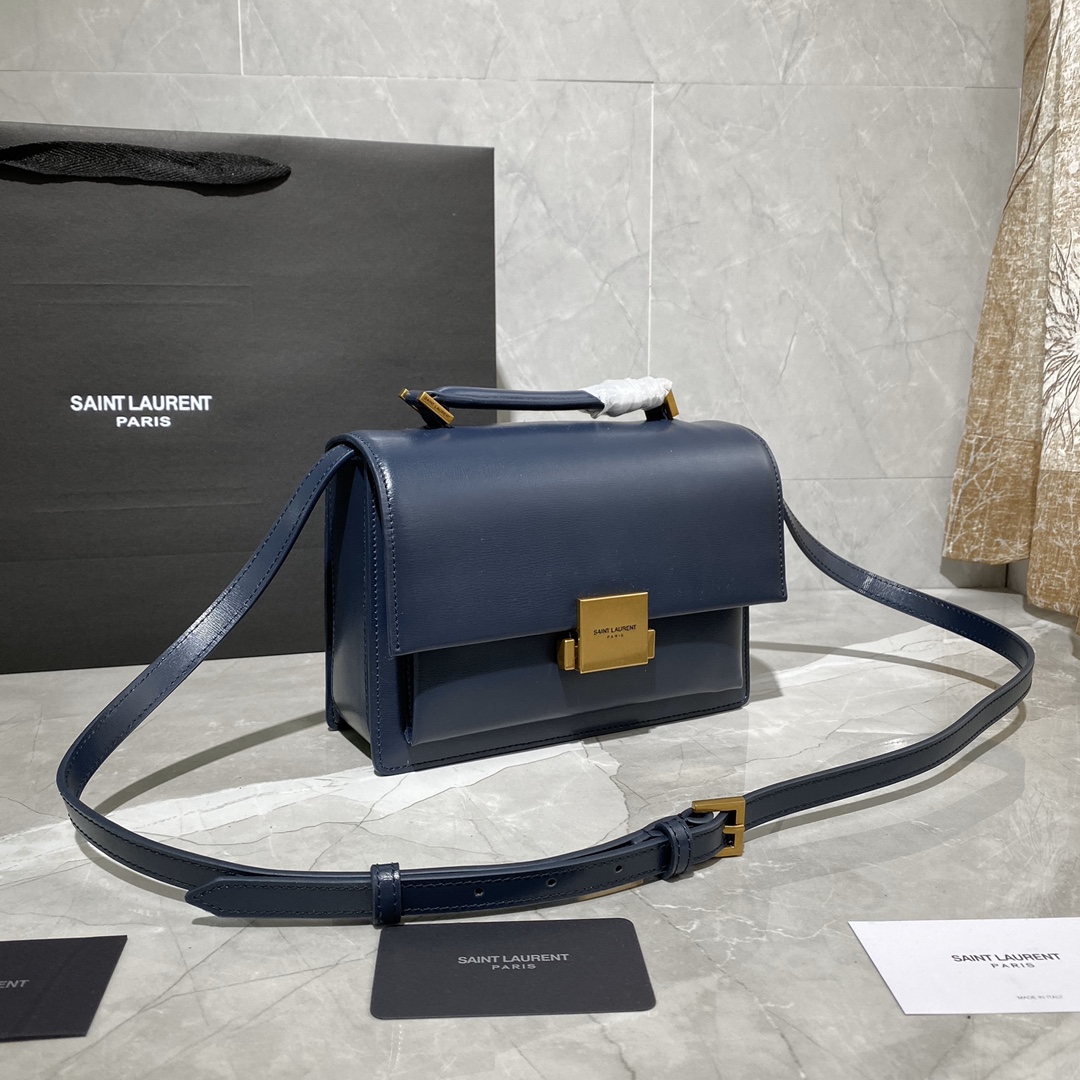 Y51 medium bellechasse in leather blue and golden 482051 22 x 16 x 9 cm