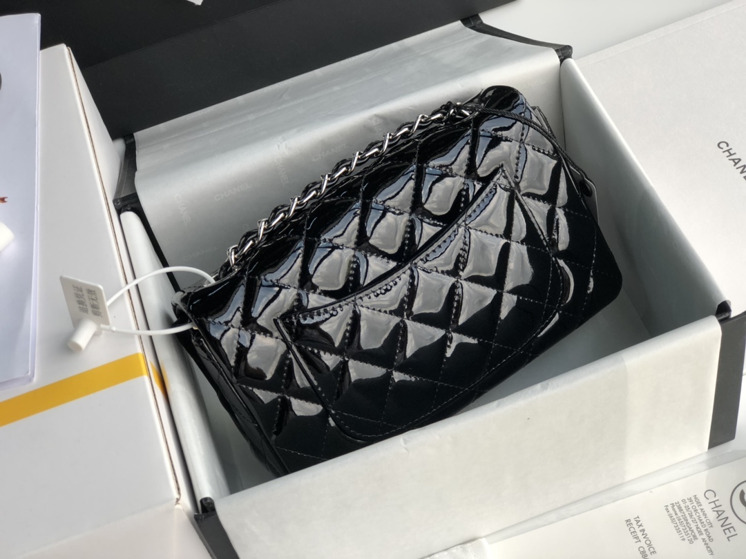 Ch**el cf mini patent calfskin & silver metal black bag 20cm