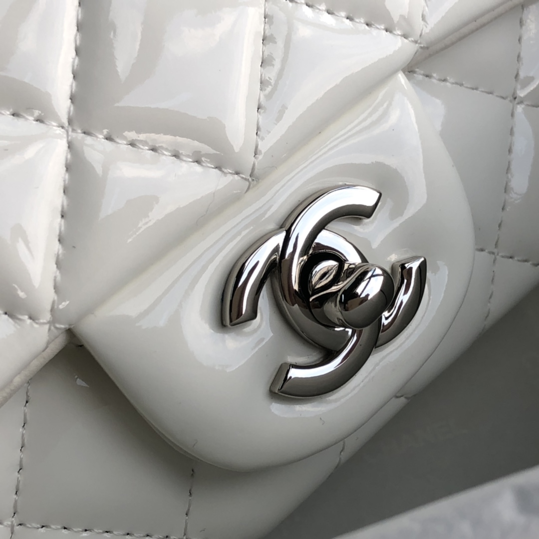Ch**el cf mini patent calfskin & silver metal white bag 20cm