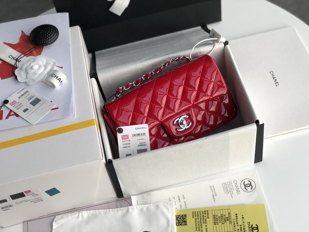 Ch**el cf mini patent calfskin & silver metal red bag 20cm