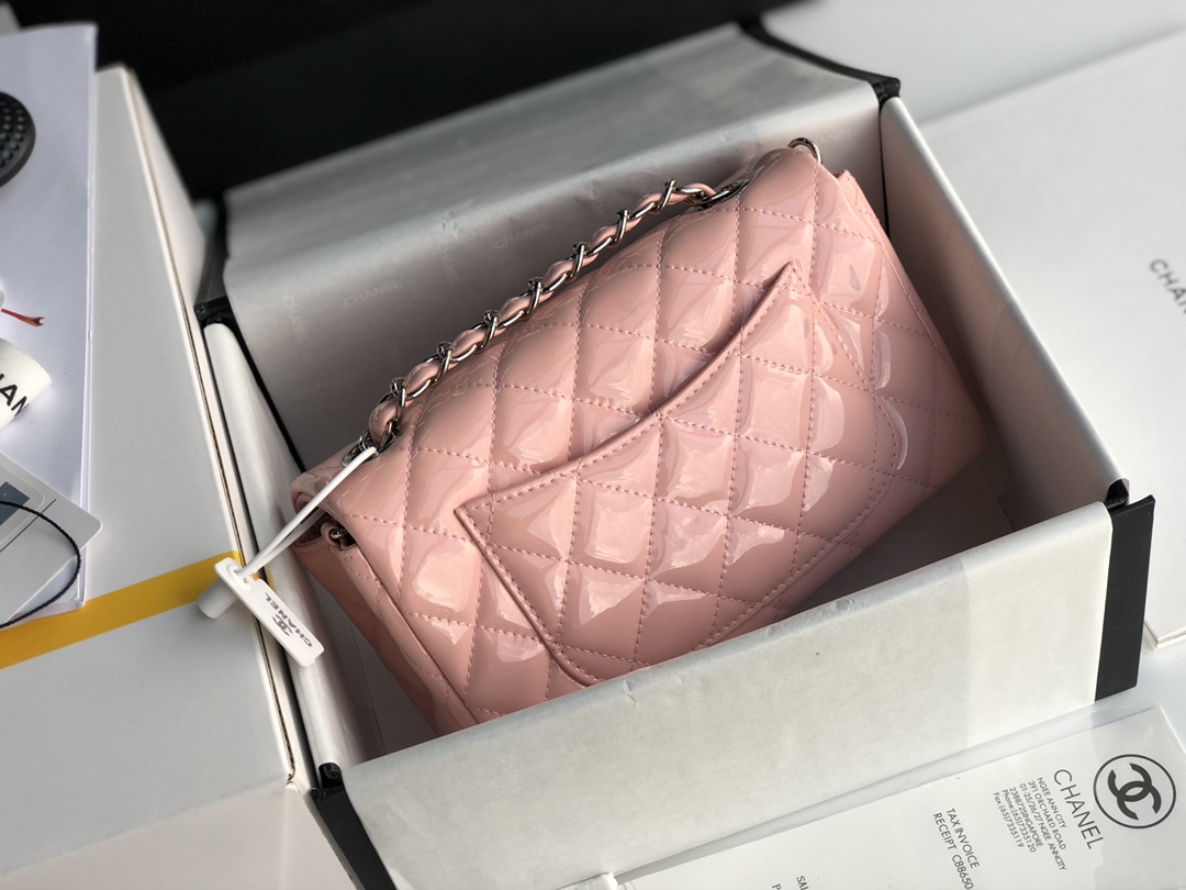 Ch**el cf mini patent calfskin & silver metal rose pink bag 20cm