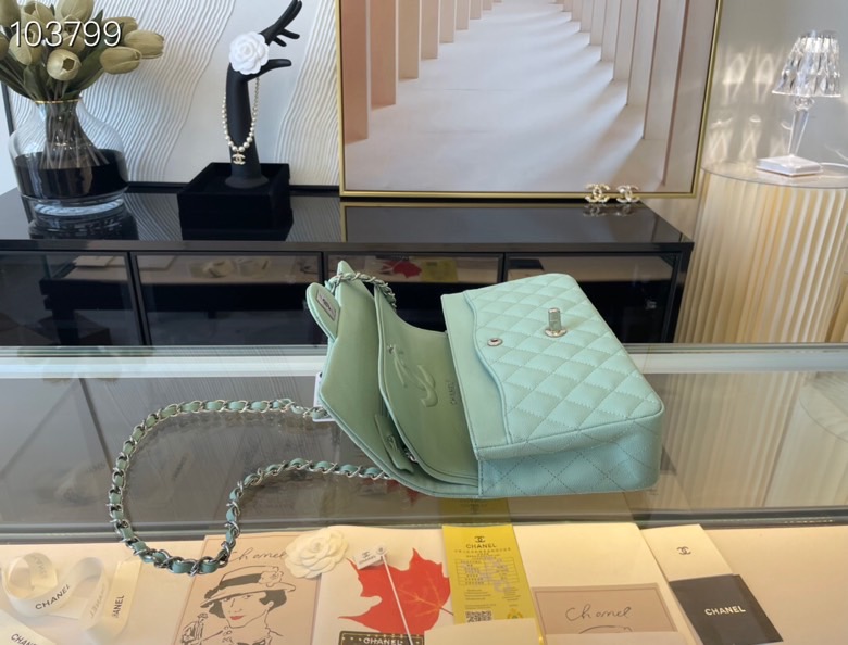 Ch**el classic handbag grained calfskin & silver-tone metal seafoam a01112 15.5 × 25.5 × 6.5 cm