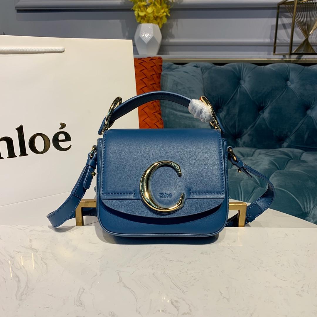 CHLOE MINI C BAG In Shiny & Suede Calfskin Gentle Blue CHC19US193 16.5 x 5 x 14 cm