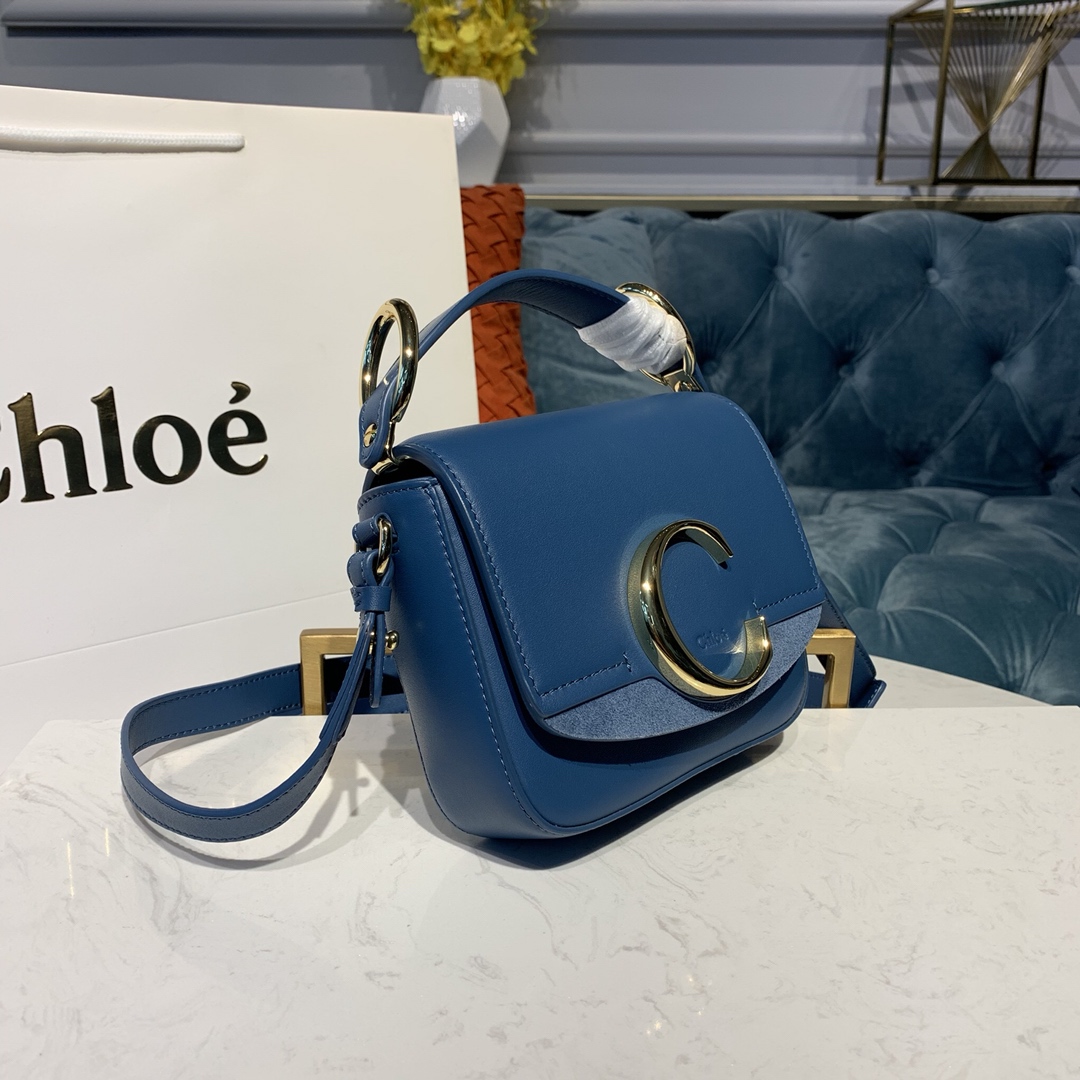 CHLOE MINI C BAG In Shiny & Suede Calfskin Gentle Blue CHC19US193 16.5 x 5 x 14 cm