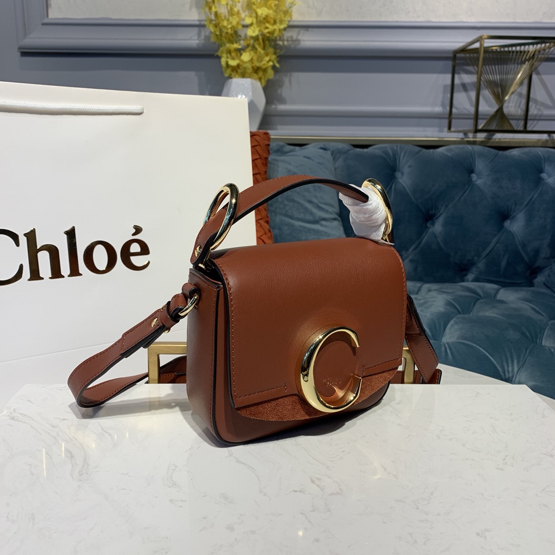 CHLOE MINI C BAG In Shiny & Suede Calfskin Arizona Brown CHC19US193 16.5 x 5 x 14 cm