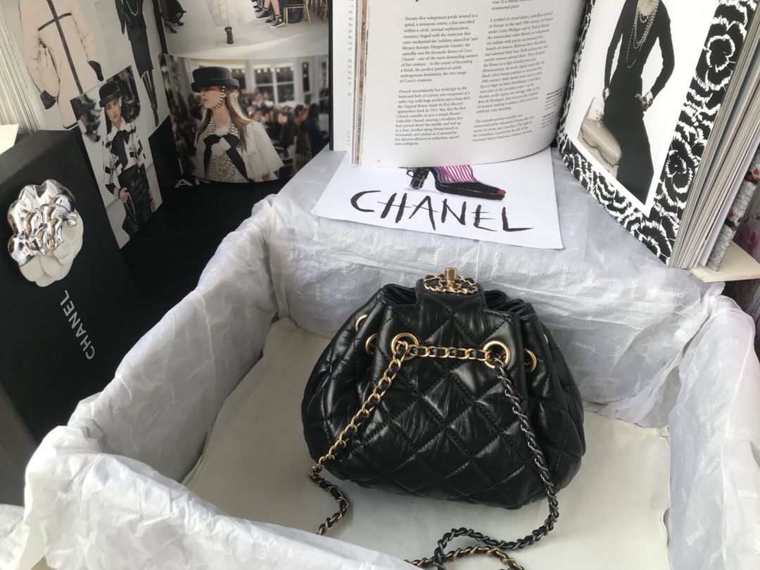 Ch**el mini drawstring bag in black as1802 20 x 17 x 10 cm