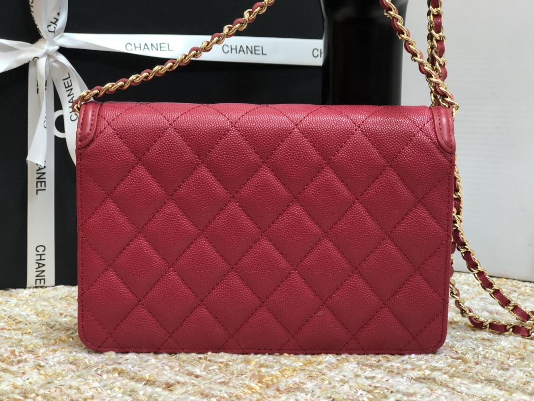 Ch**el cc filigree woc grain leather burgundy a84451 19.5 × 3.5 × 12 cm