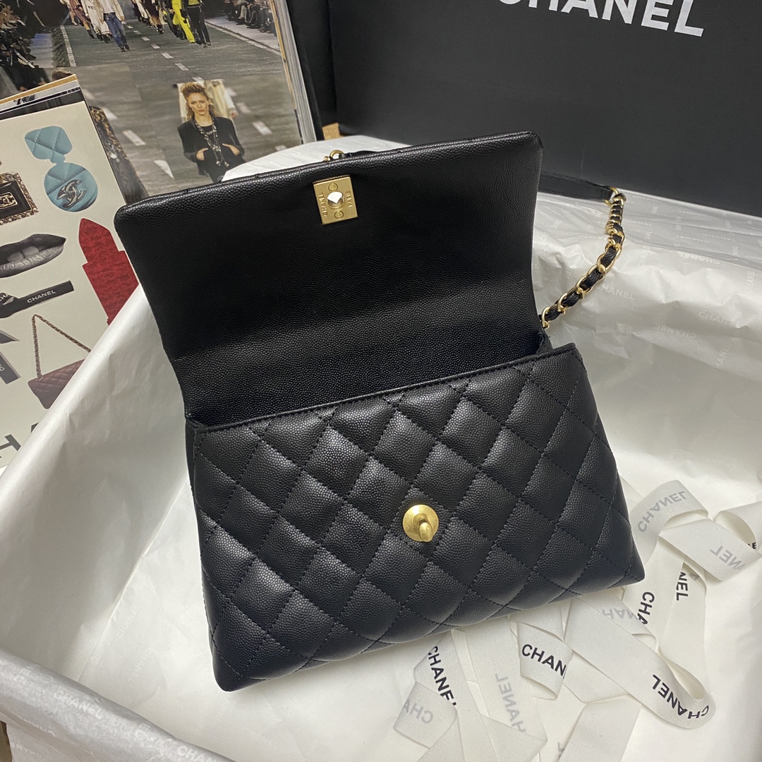 Ch**el flap bag with black top handle grained calfskin gold metal black a92990 23 cm