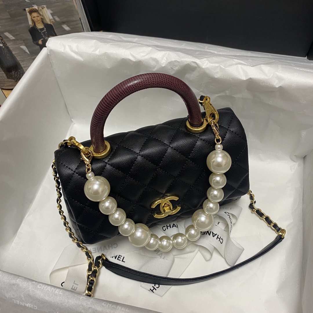 Ch**el flap bag with black top handle grained calfskin gold metal black and burgundy a92990 23 cm