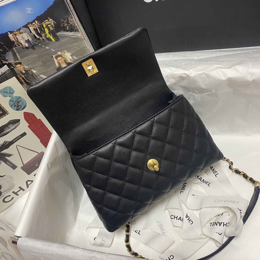 Ch**el flap bag with black top handle grained calfskin gold metal black and burgundy a92990 23 cm