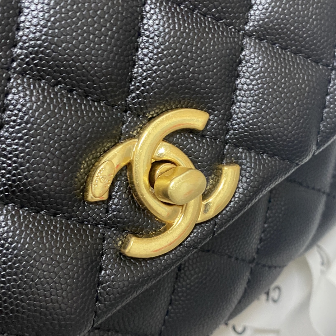 Ch**el flap bag with black top handle grained calfskin gold metal black and burgundy a92990 23 cm