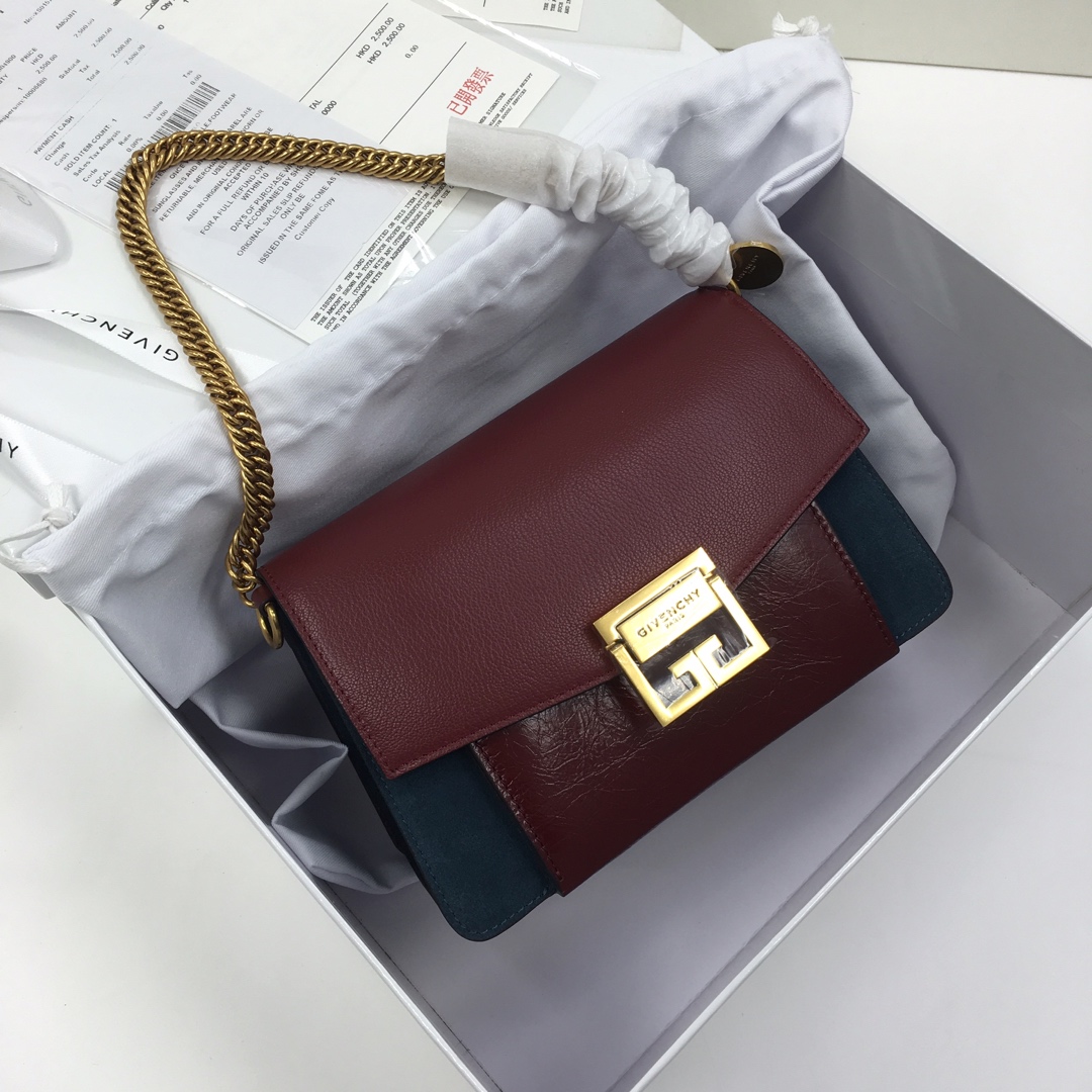 GIVENCHY SMALL GV3 BAG IN LEATHER AND SUEDE Burgundy And Navy BB501CB 22 x 14 x 8 cm
