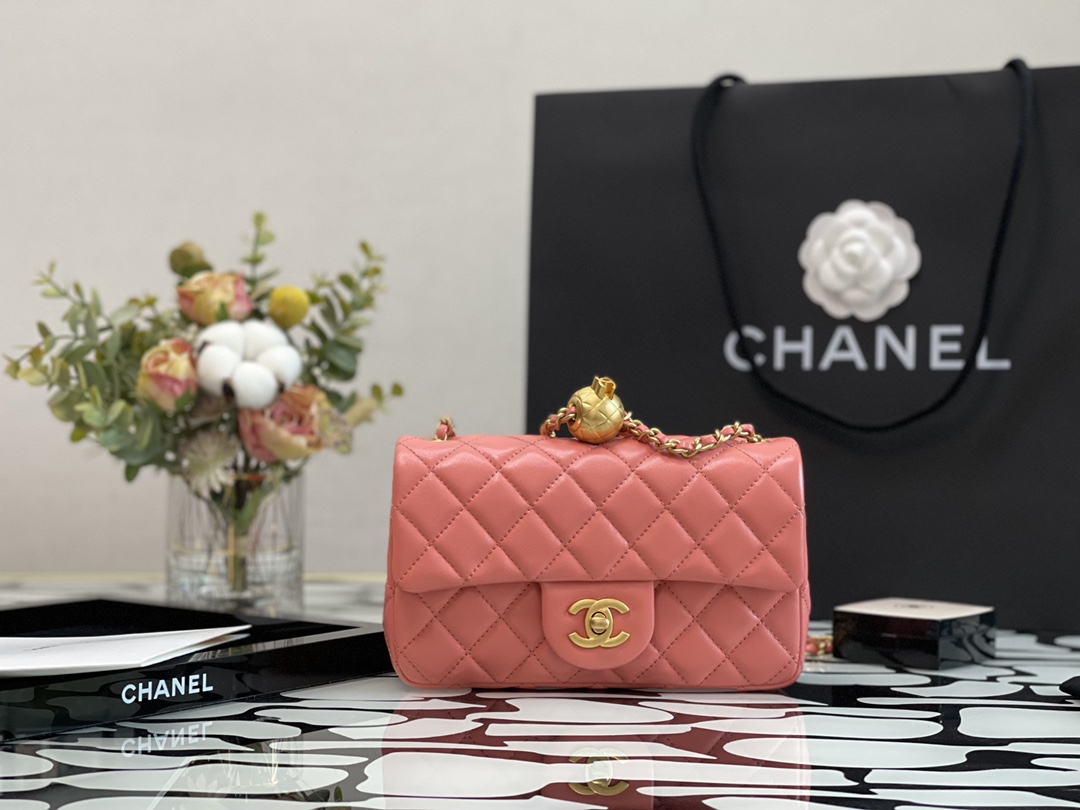 Ch**el charm strap flap bag lambskin pink as1787 17 x 20 cm