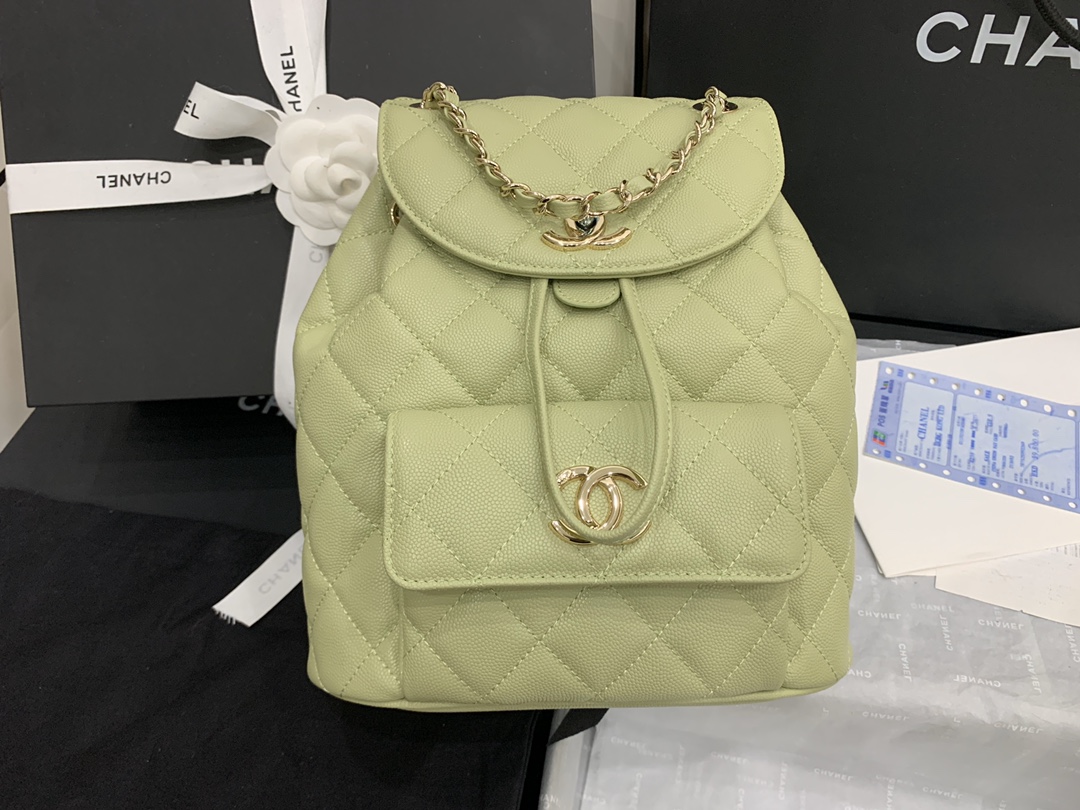 Ch**el backpack grained calfskin lime as1371 21.5 x 24 x 12 cm