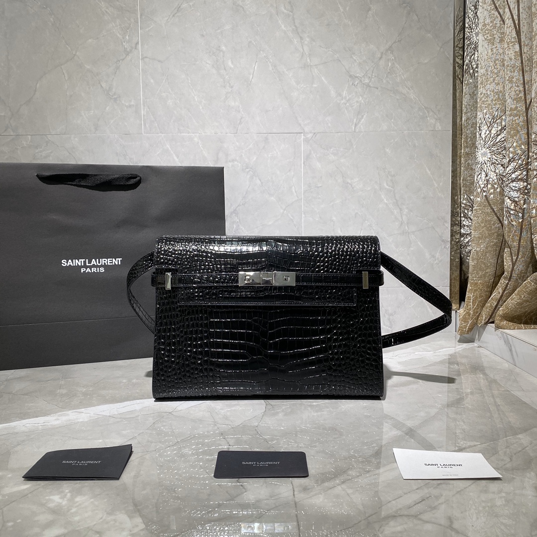 Y51 manhattan shoulder bag in crocodile-embossed shiny leather silver metal black 579271 29 x 20.5 x 7 cm