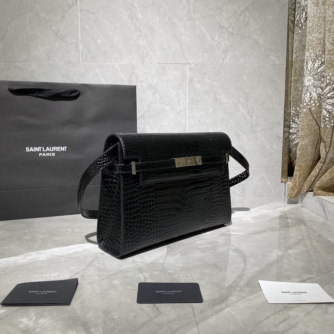 Y51 manhattan shoulder bag in crocodile-embossed shiny leather silver metal black 579271 29 x 20.5 x 7 cm