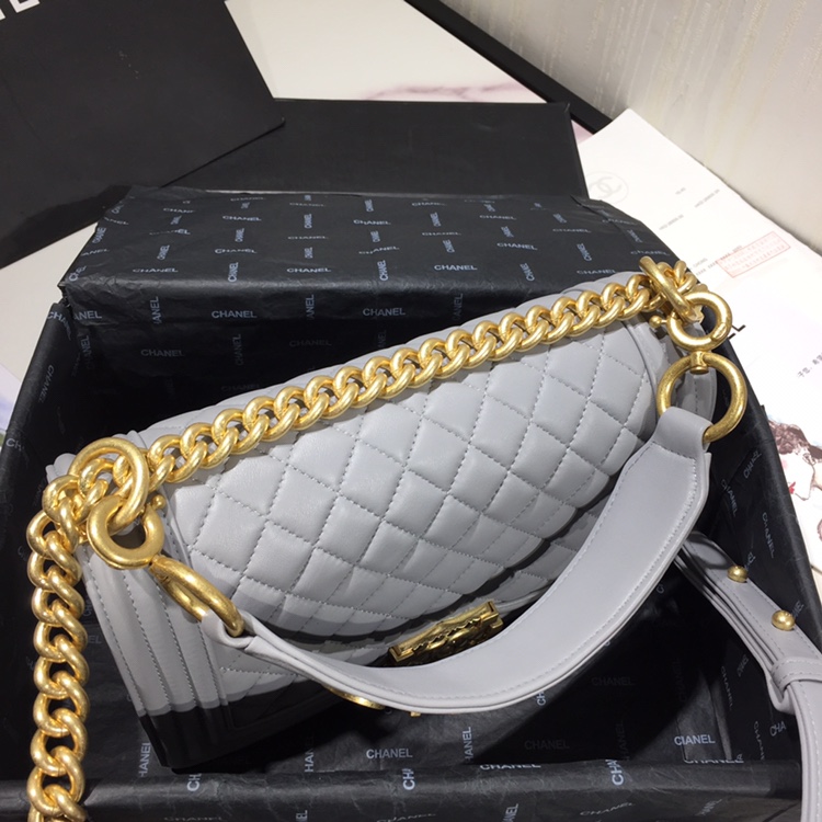 Ch**el small original lambskin leather boy flap bag grey 25 cm